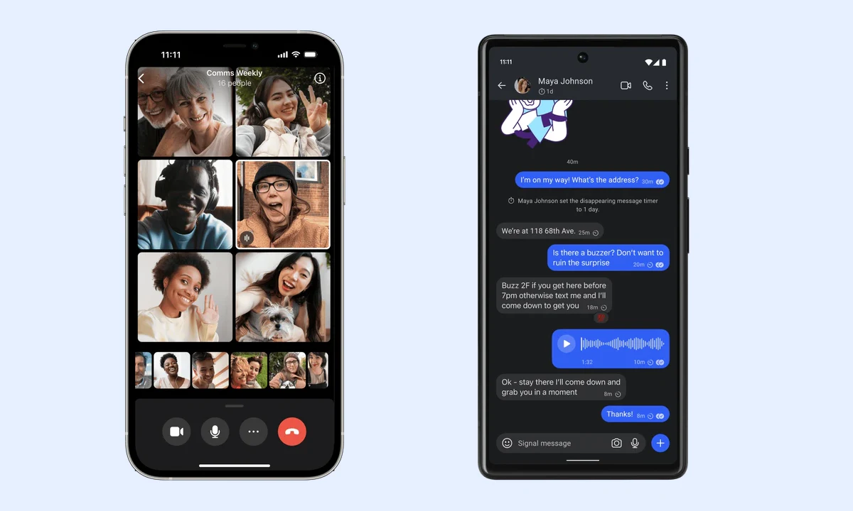 Signal、Telegram 与 WhatsApp 怎么选对比参考配图，画面为 Signal 官方 iPhone 与 Android 应用界面